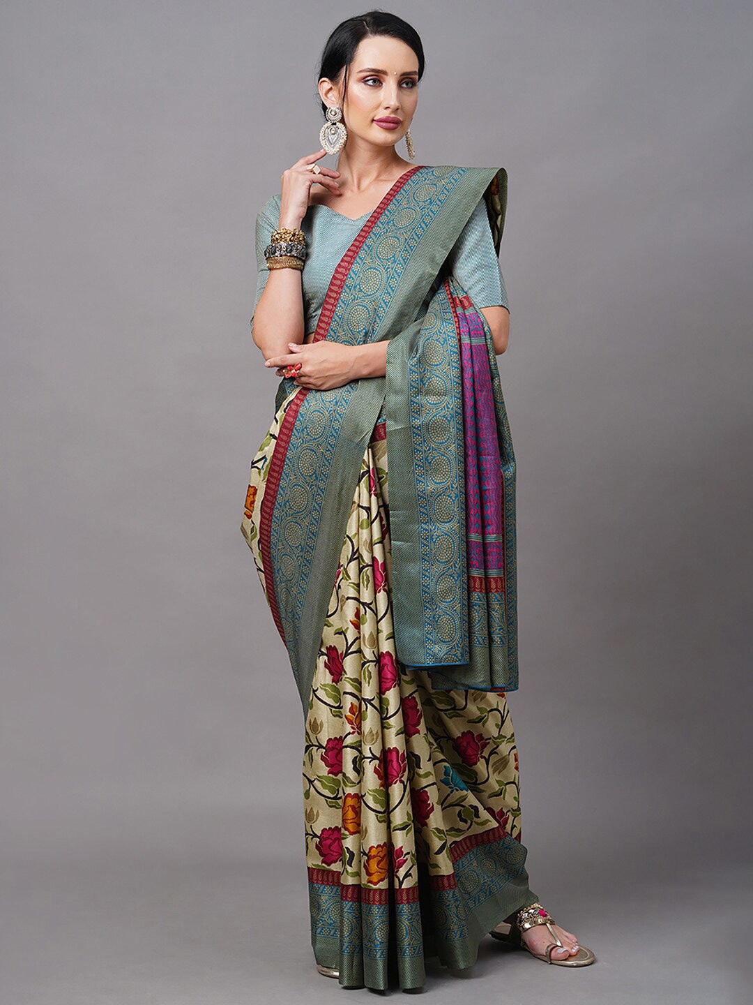 

Mitera Cream And Blue Floral Manipuri Silk Banarasi Saree