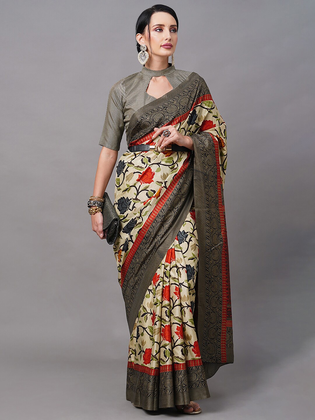 

Mitera Cream-Coloured & Red Floral Silk Blend Banarasi Saree