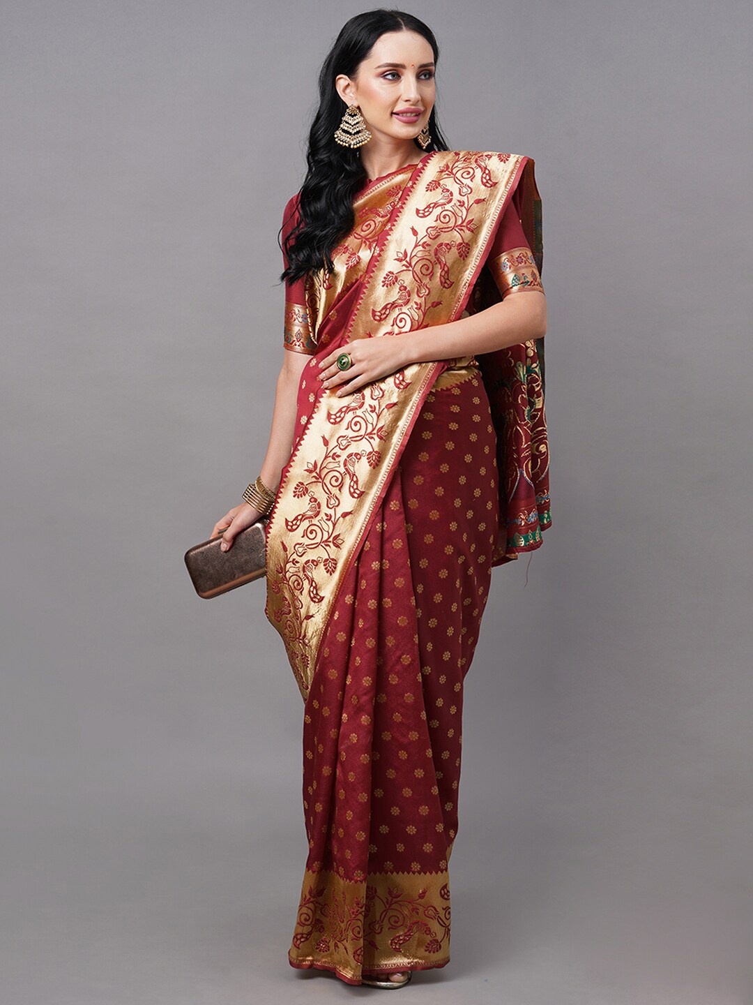 

Mitera Maroon & Grey Woven Design Zari Paithani Saree