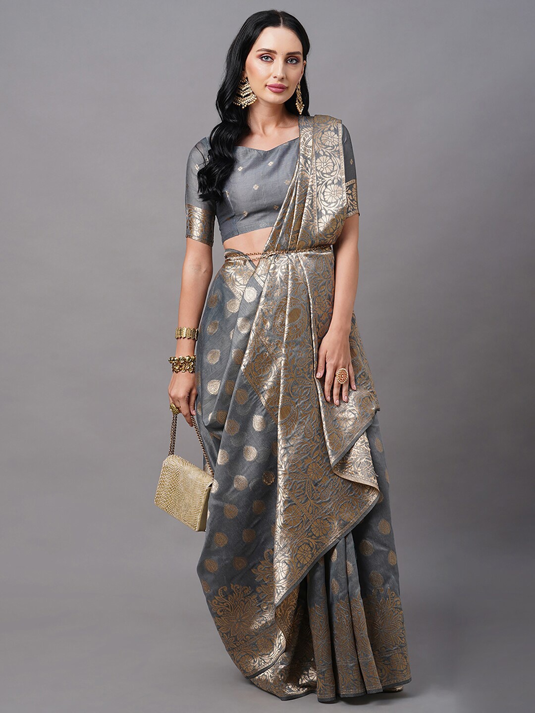 

Mitera Grey & Gold-Toned Woven Design Zari Silk Cotton Banarasi Saree