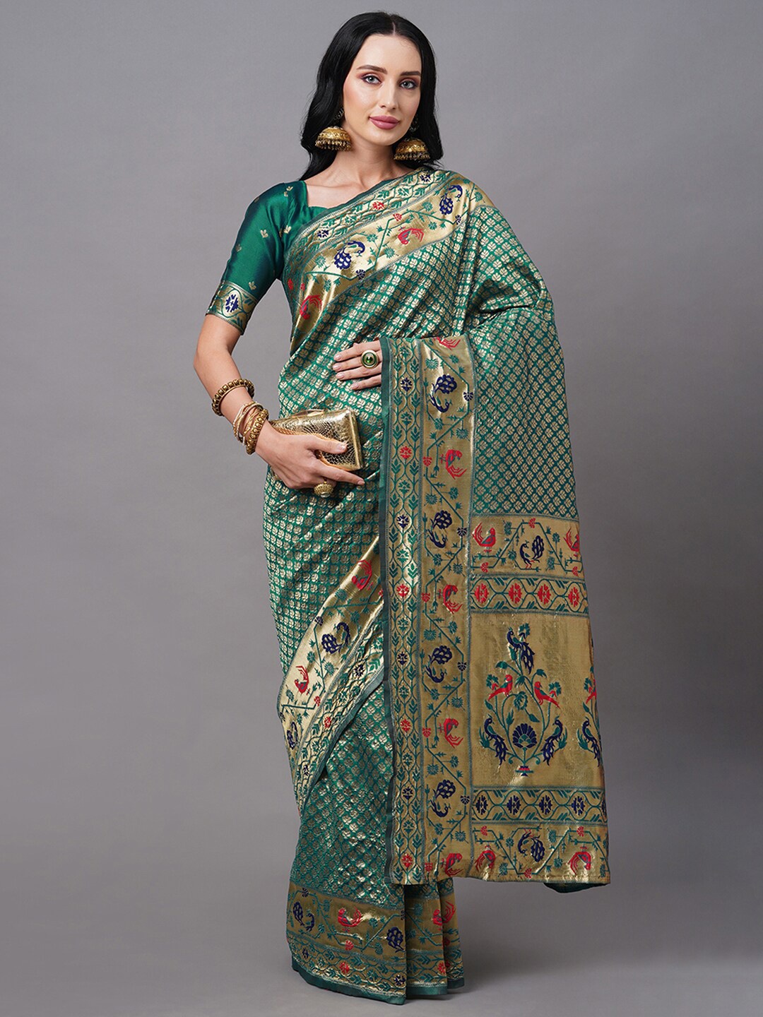 

Mitera Teal & Orange Ethnic Motifs Zari Silk Blend Paithani Saree