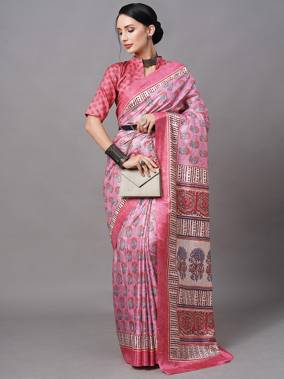 

Mitera Pink & Green Silk Blend Bagh Saree