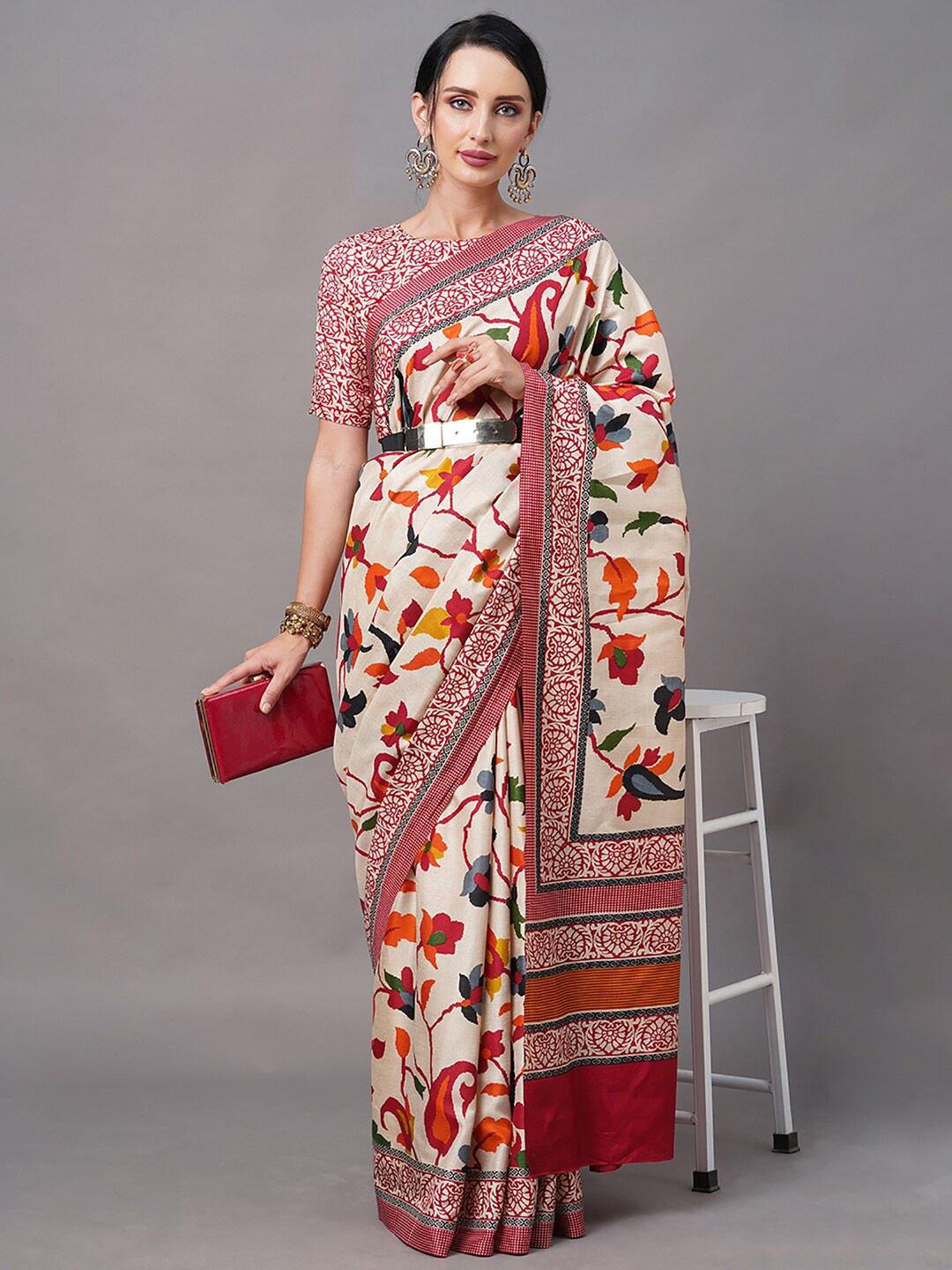

Mitera Cream-Coloured & Pink Floral Silk Blend Banarasi Saree