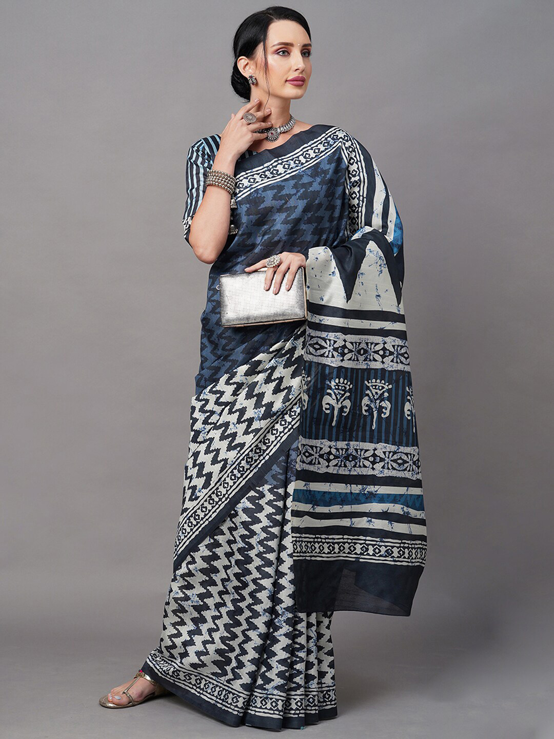 

Mitera Navy Blue & White Art Silk Bhagalpuri Saree
