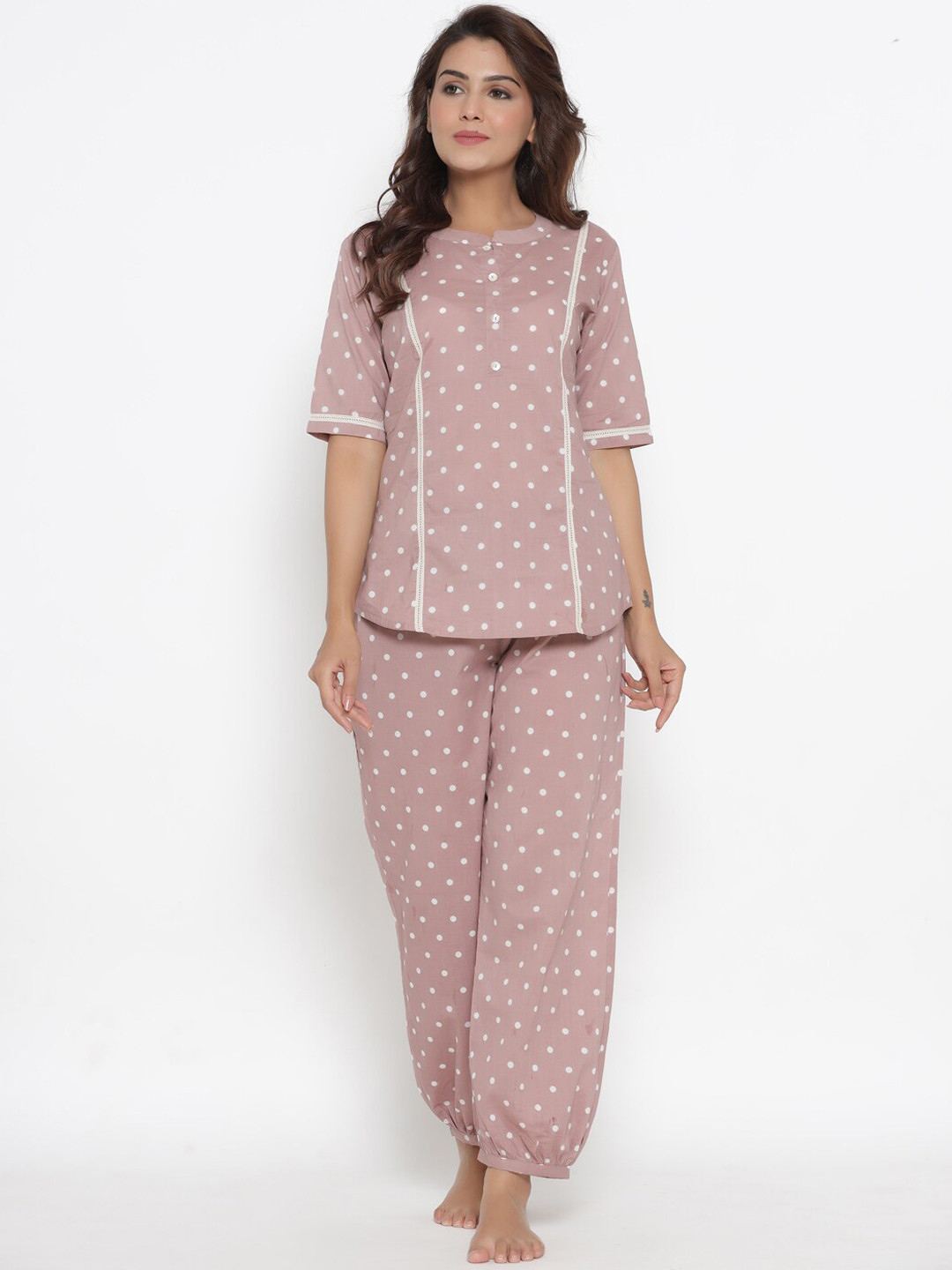 

Ikk Kudi by Seerat Women Mauve & White Printed Pure Cotton Night suit