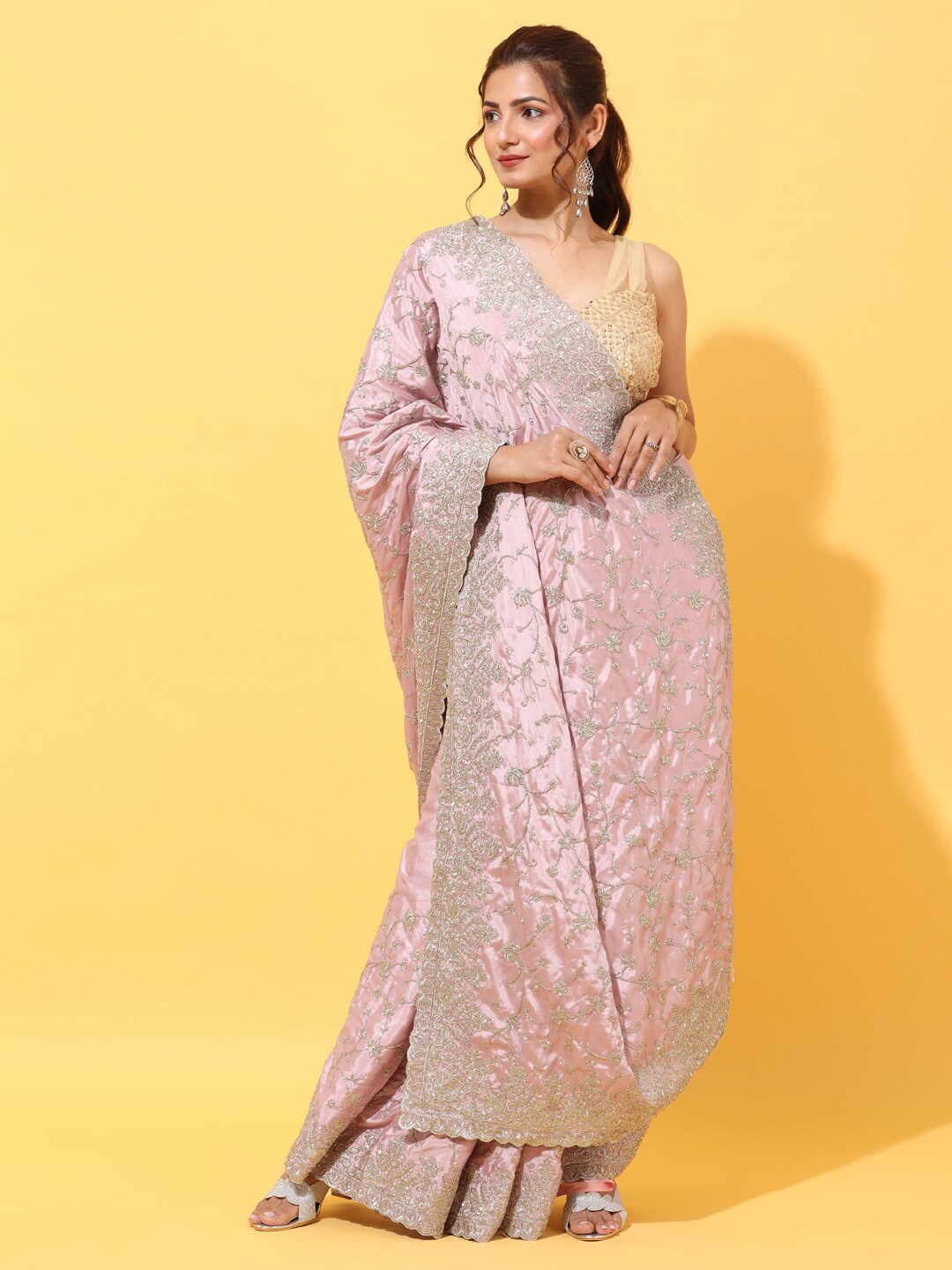 kasee Pink & Silver-Toned Floral Sequinned Pure Crepe Heavy Work Saree