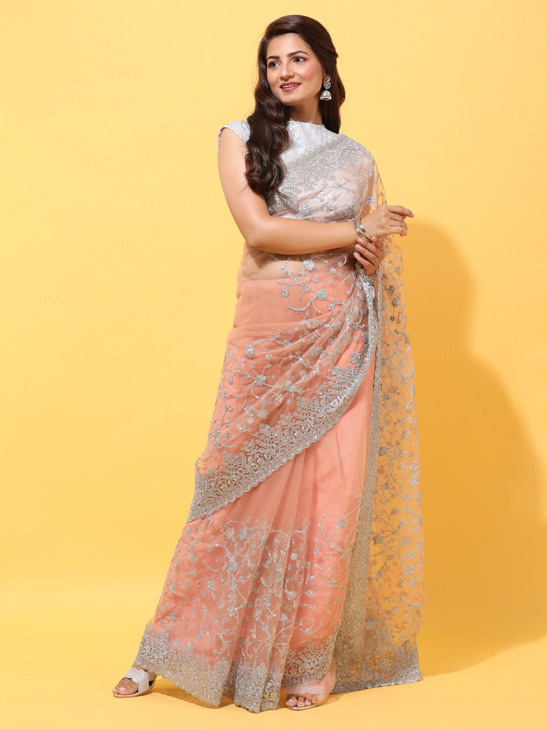 

kasee Peach-Coloured & Grey Floral Embroidered Net Heavy Work Saree