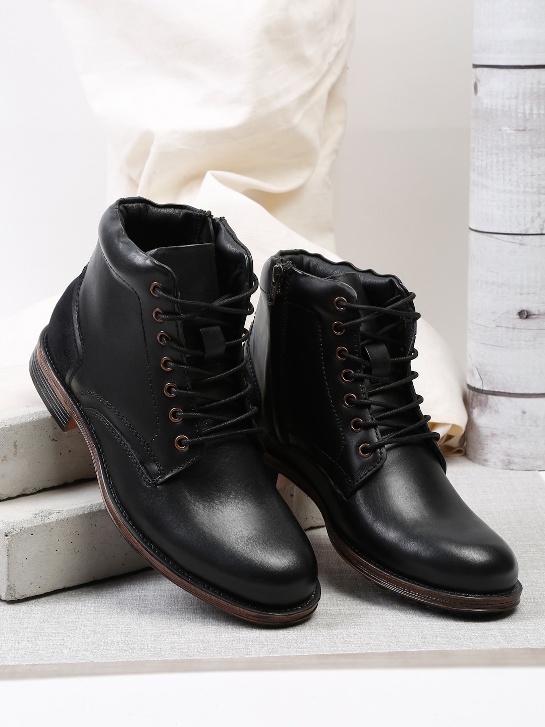 

Teakwood Leathers Men Black Solid Leather Mid-Top Boots