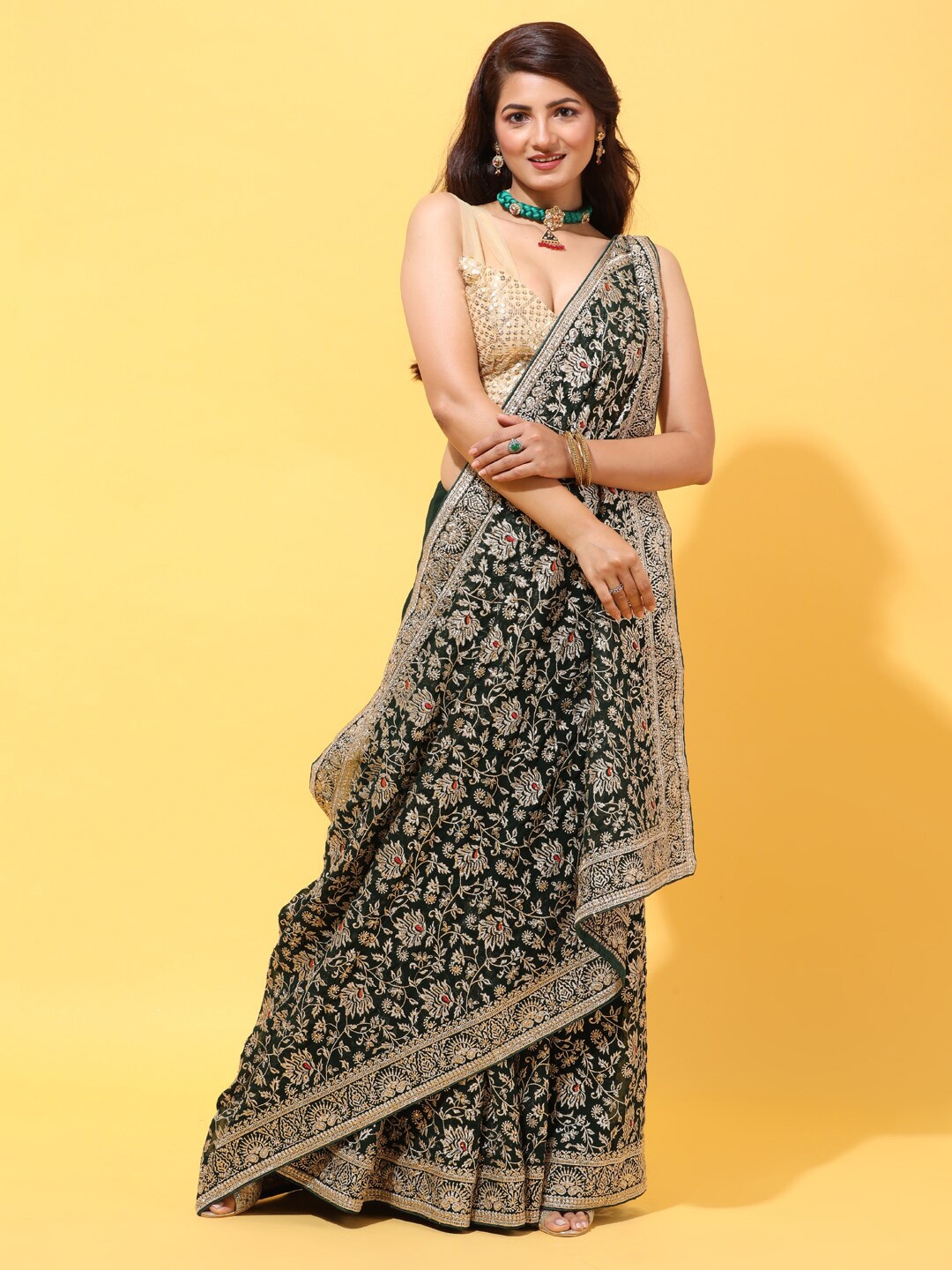

kasee Green & Gold-Toned Floral Embroidered Pure Georgette Heavy Work Saree