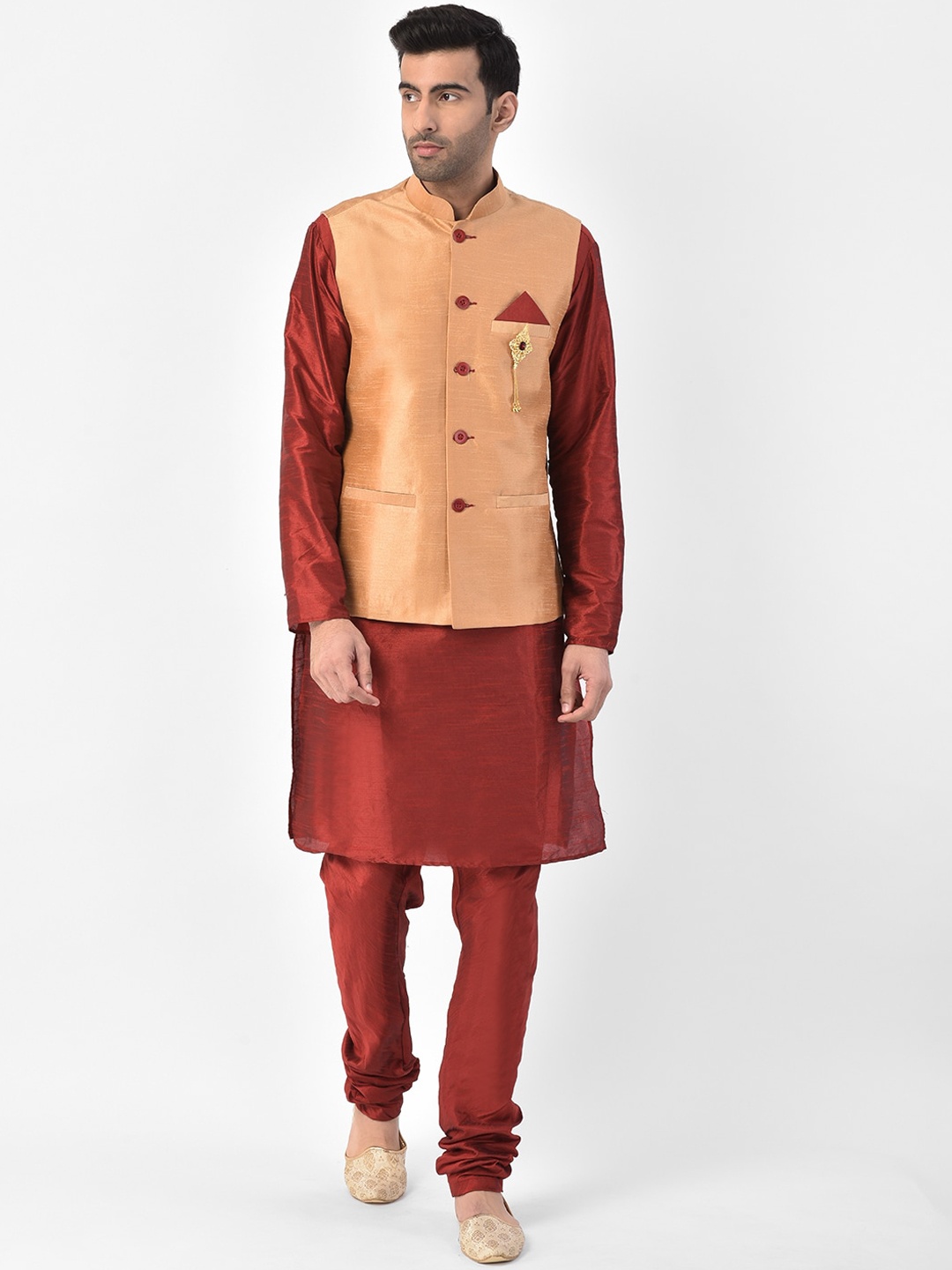 

SG LEMAN Men Maroon Raw Silk Kurta with Churidar