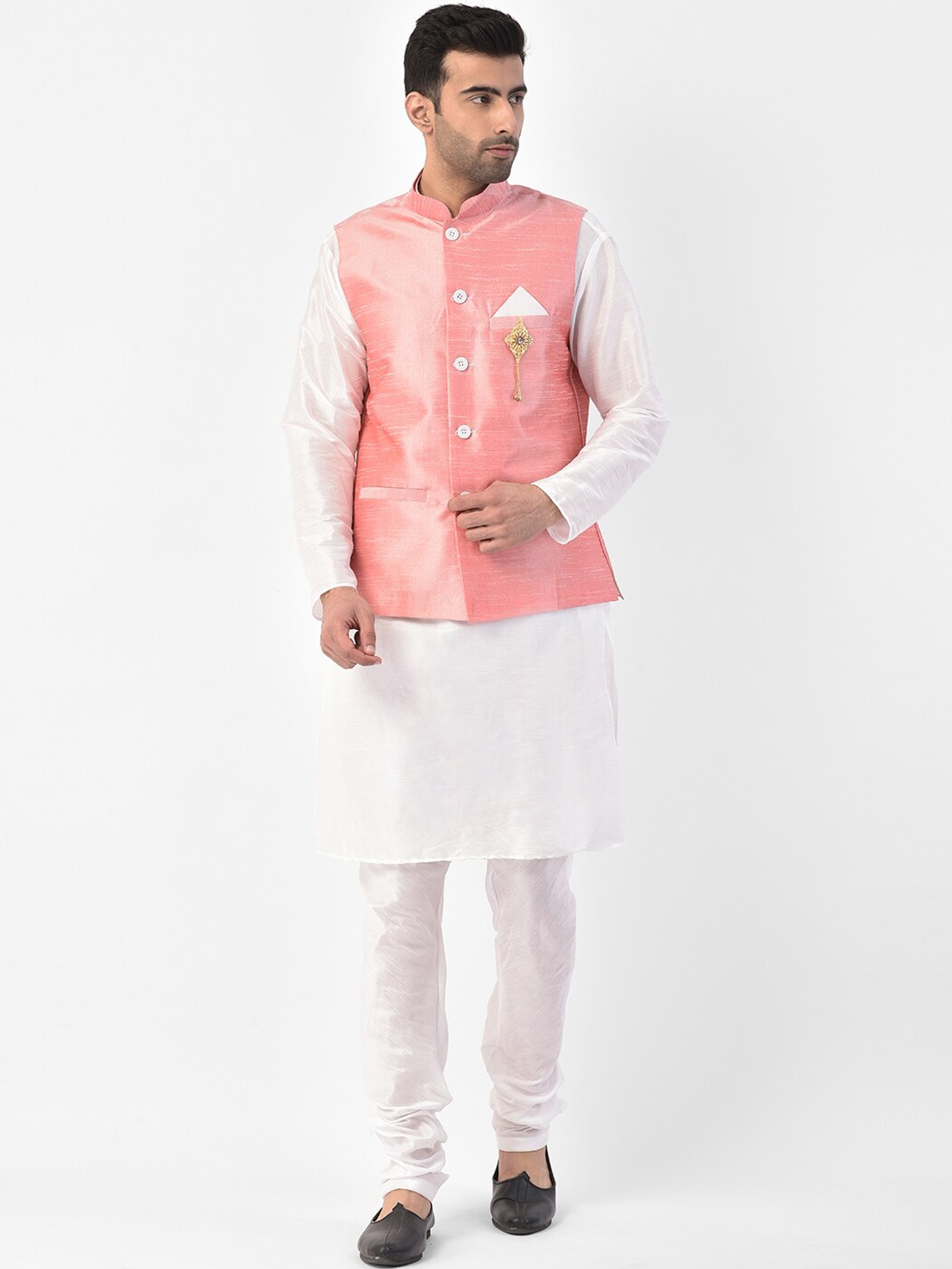 

SG LEMAN Men Peach-Coloured Raw Silk Kurta with Churidar & Jacket Set