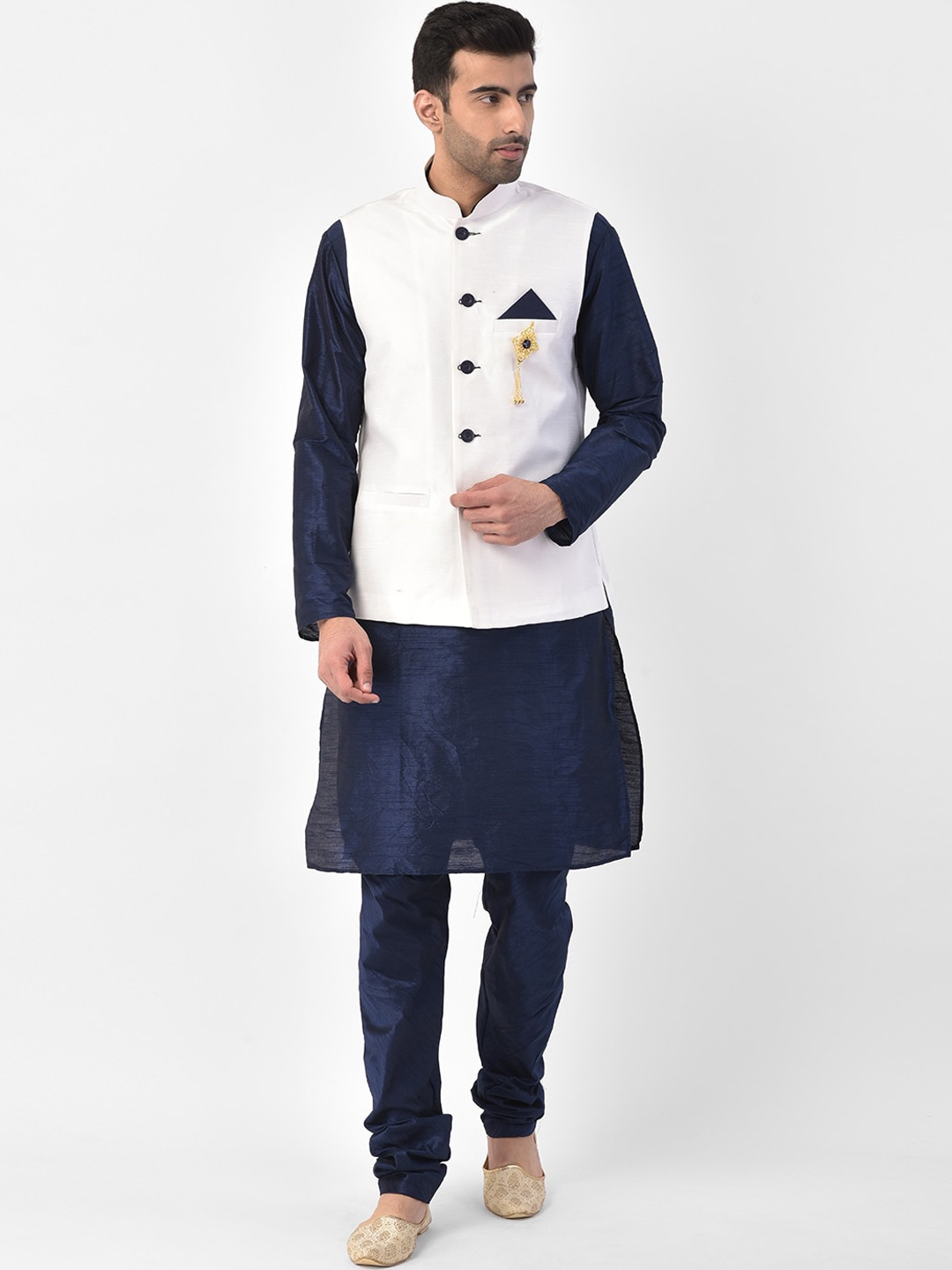 

SG LEMAN Men Navy Blue Raw Silk Kurta with Churidar & Nehru Jacket