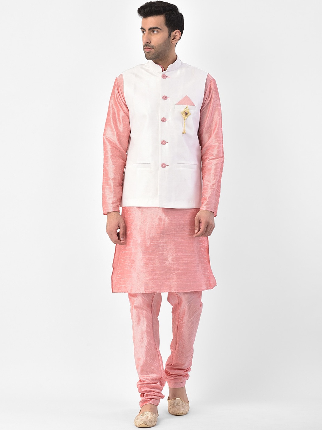 

SG LEMAN Men Pink & White Silk Kurta with Churidar with Jacket