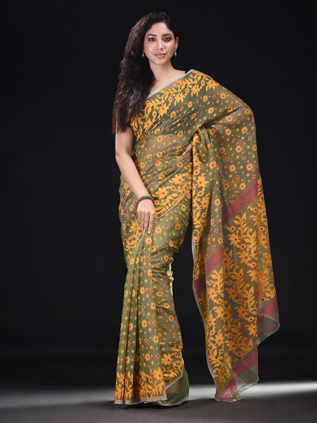

BEATITUDE Green & Mustard Floral Silk Cotton Saree