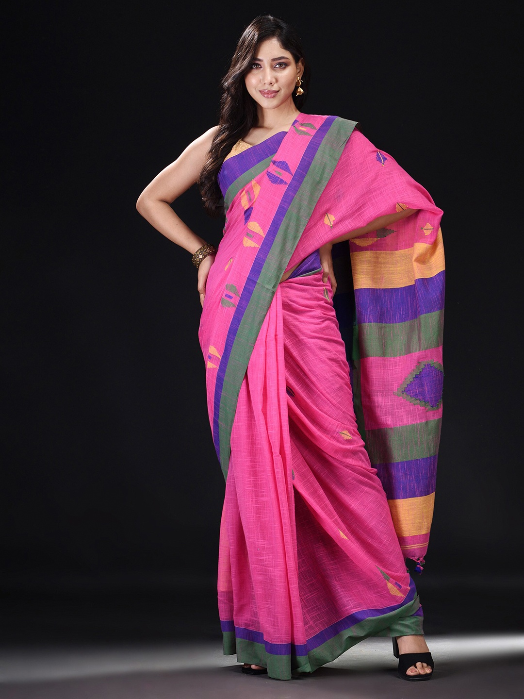 

BEATITUDE Pink & Blue Ethnic Motifs Pure Cotton Saree