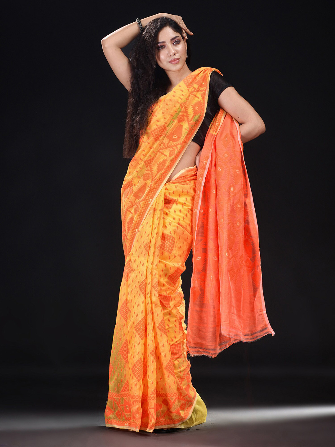 

BEATITUDE Yellow & Red Floral Silk Cotton Saree