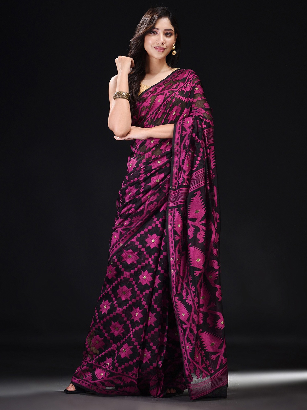 

BEATITUDE Black & Purple Woven Design Silk Cotton Saree
