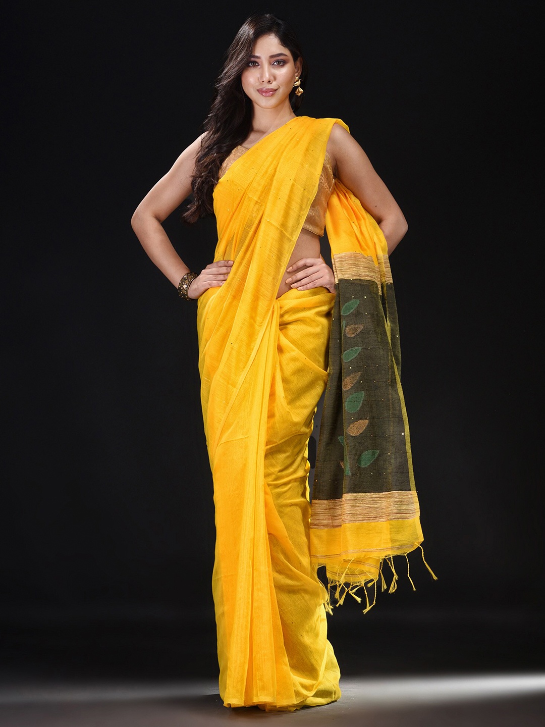 

BEATITUDE Yellow & Green Woven Design Zari Saree