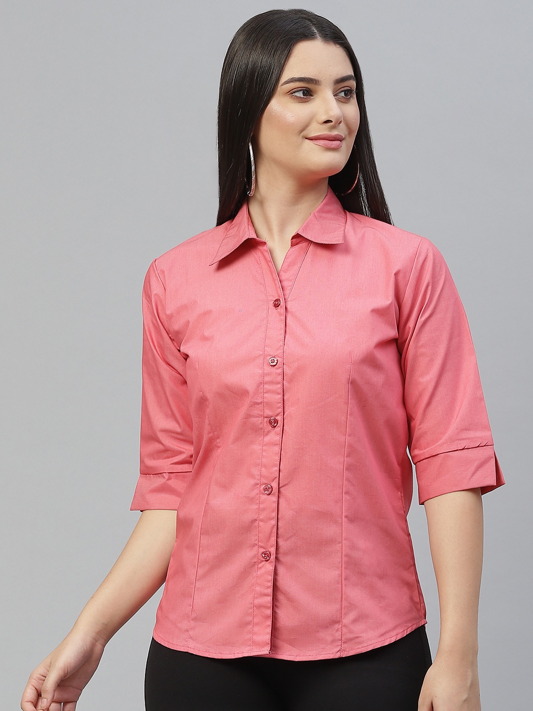 

RIVI Women Dusty Pink Pure Cotton Solid Slim Fit Casual Shirt, Rose
