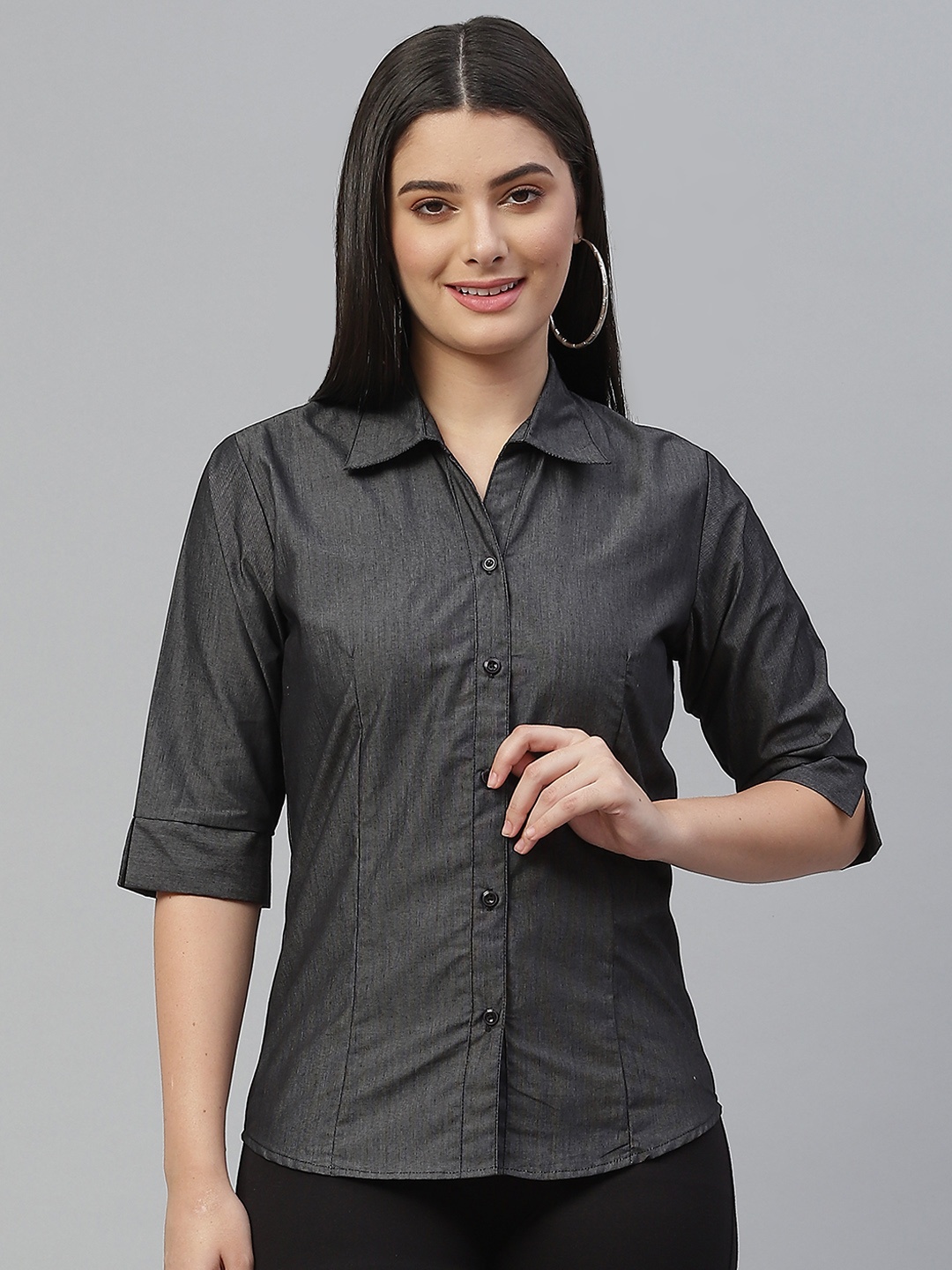 

RIVI Women Charcoal Black Pure Cotton Solid Slim Fit Casual Shirt