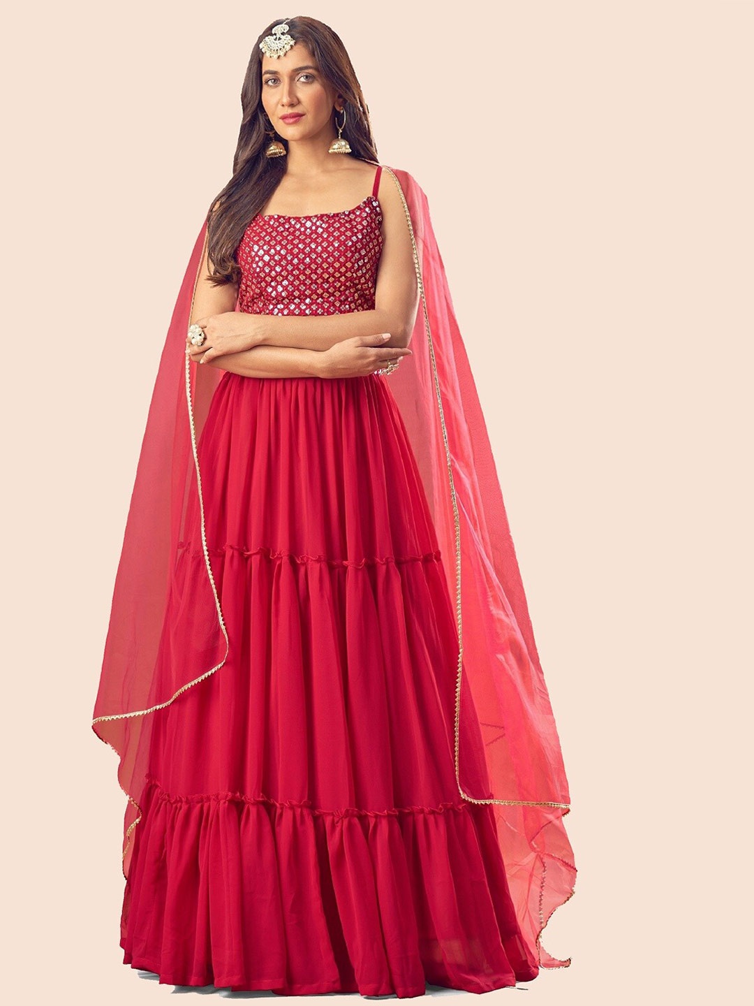 

Fashionuma Red & Grey Embroidered Sequinned Semi-Stitched Lehenga & Unstitched Blouse With Dupatta