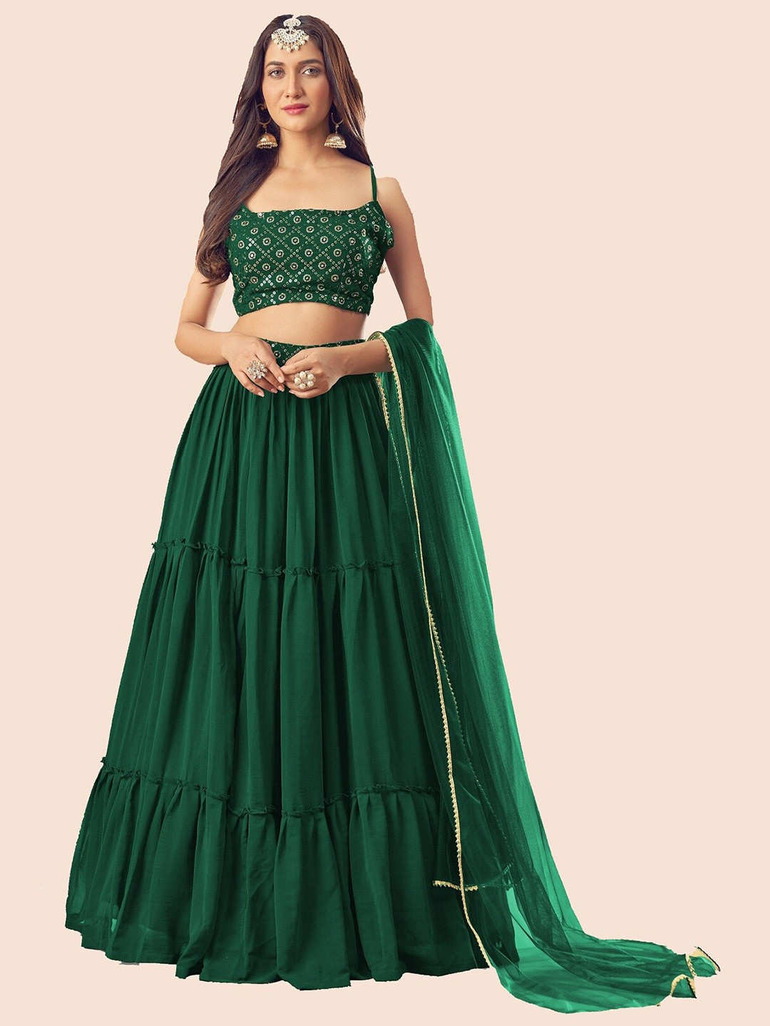 

Fashionuma Red & Gold-Toned Embroidered Semi-Stitched Lehenga & Unstitched Blouse With Dupatta, Green