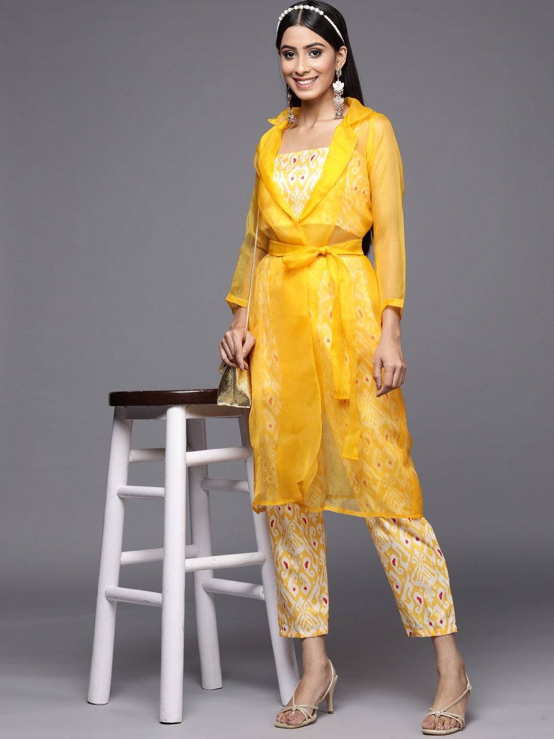 

Indo Era Women Yellow Ikat Printed Fusion Co-Ord Set Comes with a Jacket