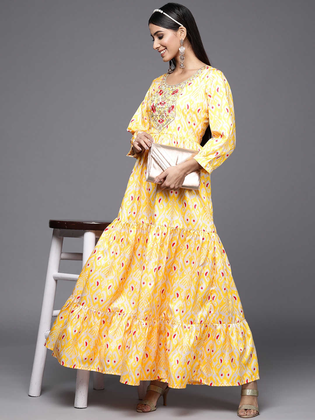 

Indo Era Yellow & White Ethnic Motifs Liva Ethnic Maxi Dress