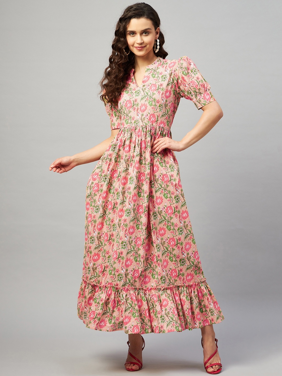 

Aaheli Women Peach & Green Floral Printed Cotton Maxi Dress