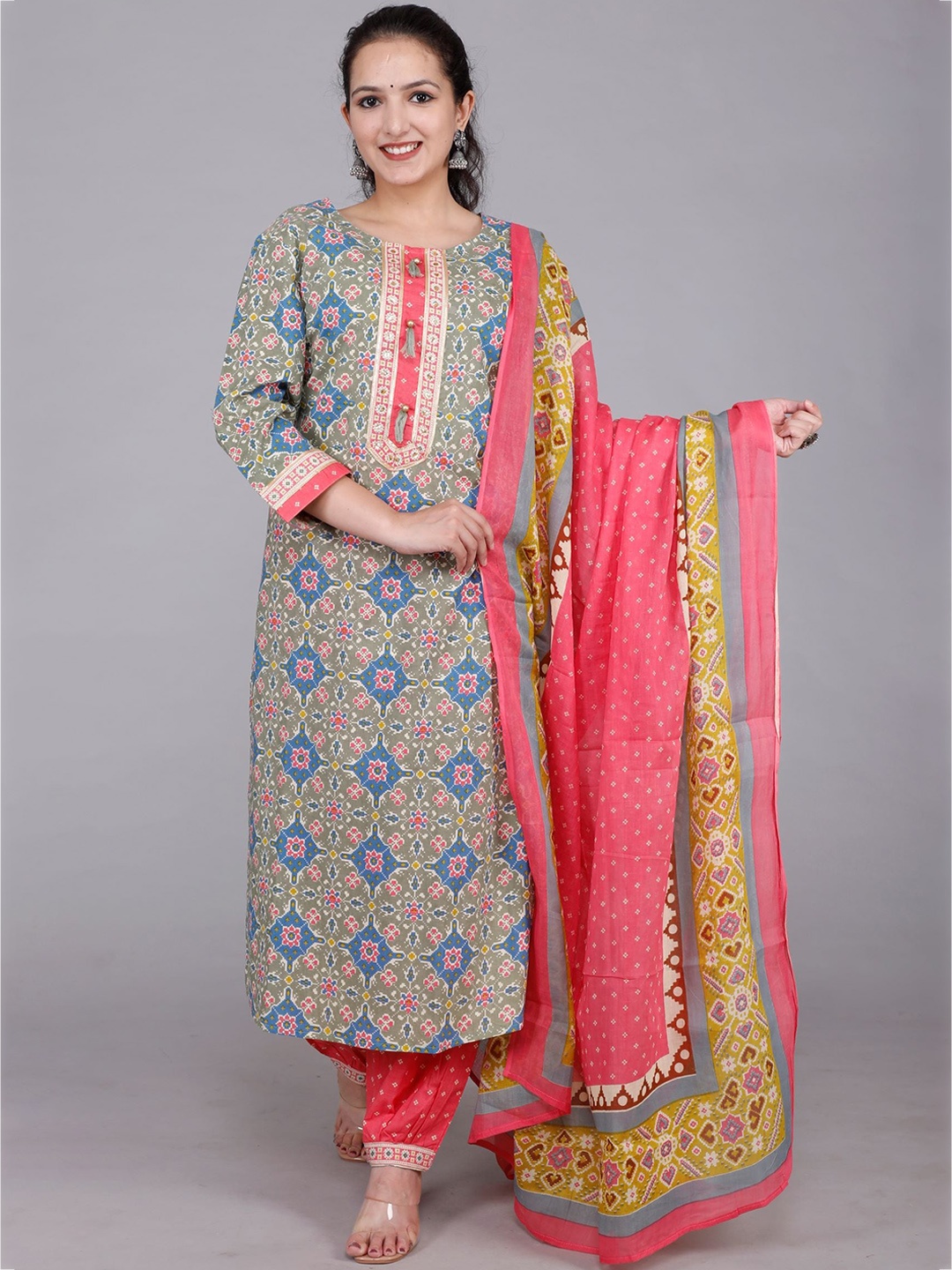 

DHRTI Women Blue Floral Printed Pure Cotton Kurta with Palazzos & With Dupatta