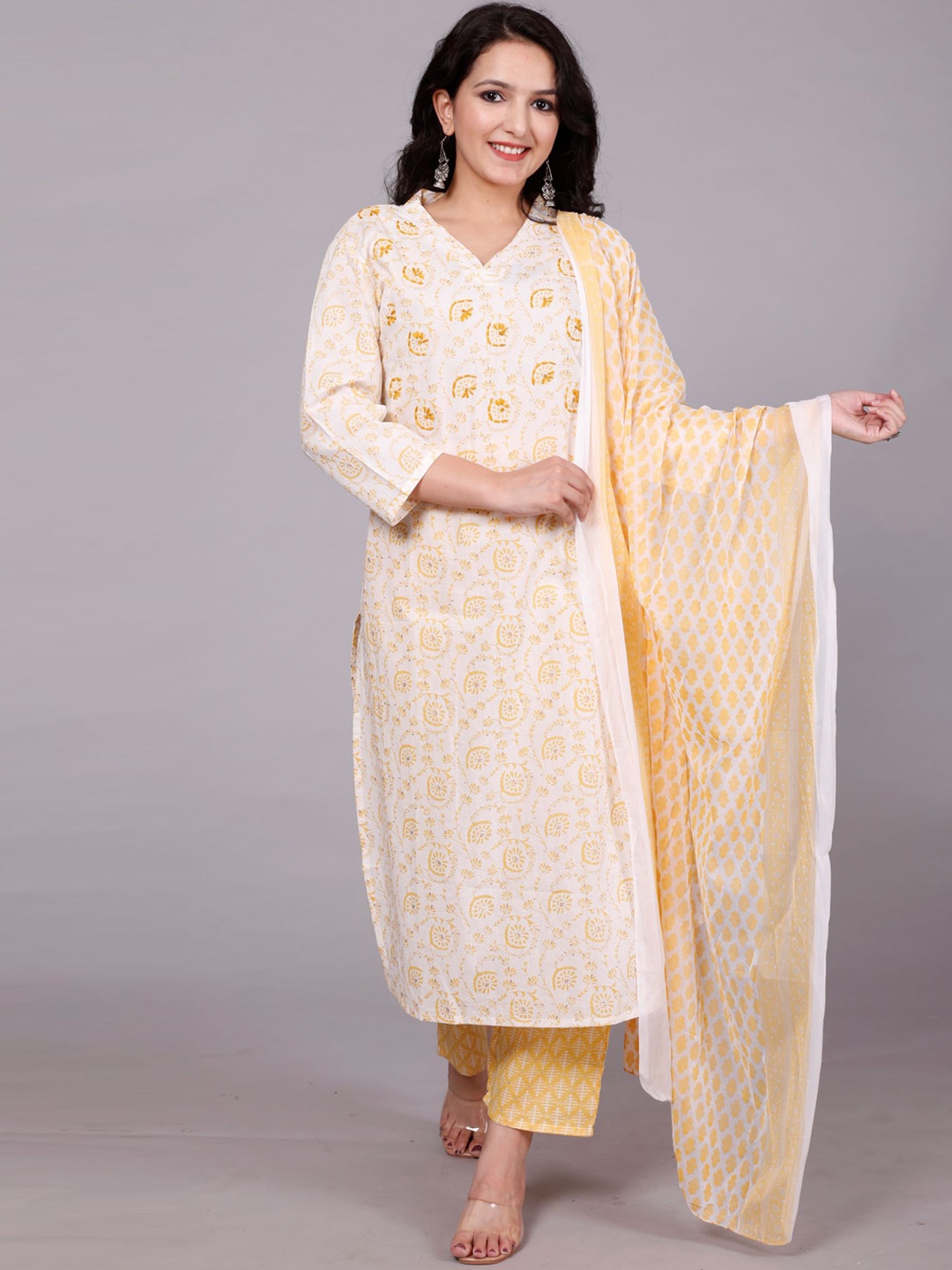 

DHRTI Women White Floral Printed Pure Cotton Kurta with Trousers & With Dupatta