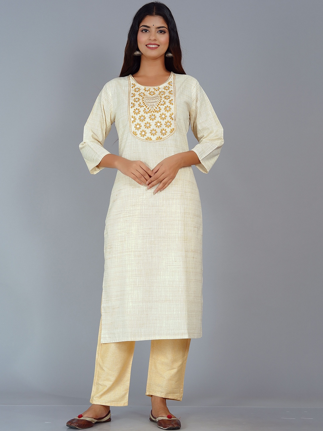 

DHRTI Women Cream-Coloured Yoke Design Kurta with Trousers