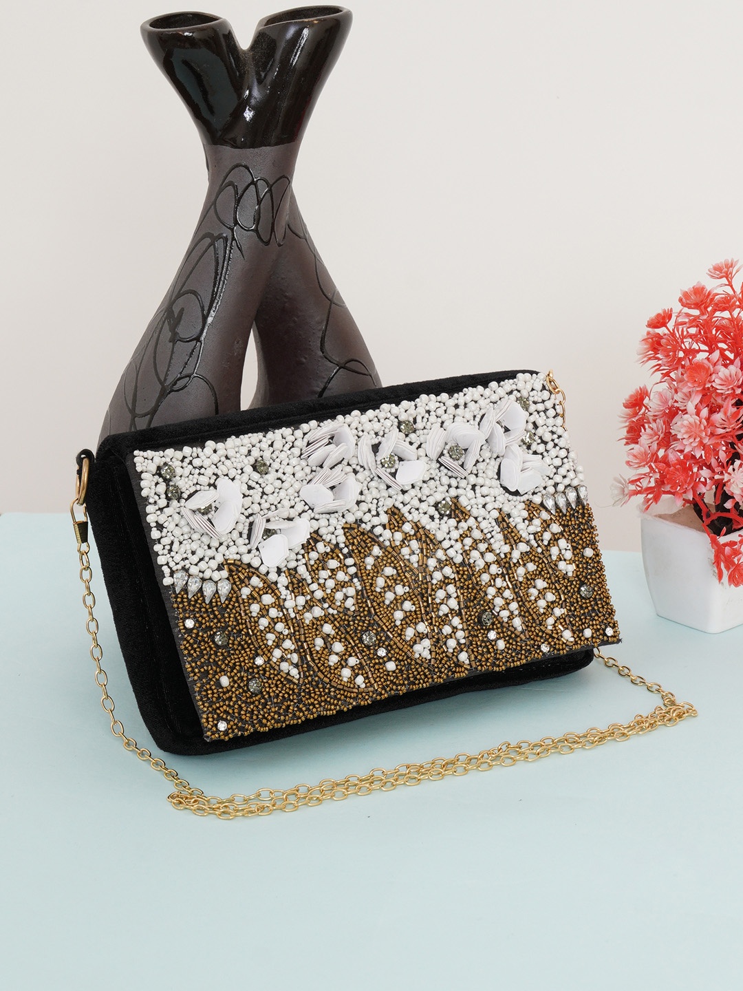 

FABBHUE White & Brown Embellished Box Clutch