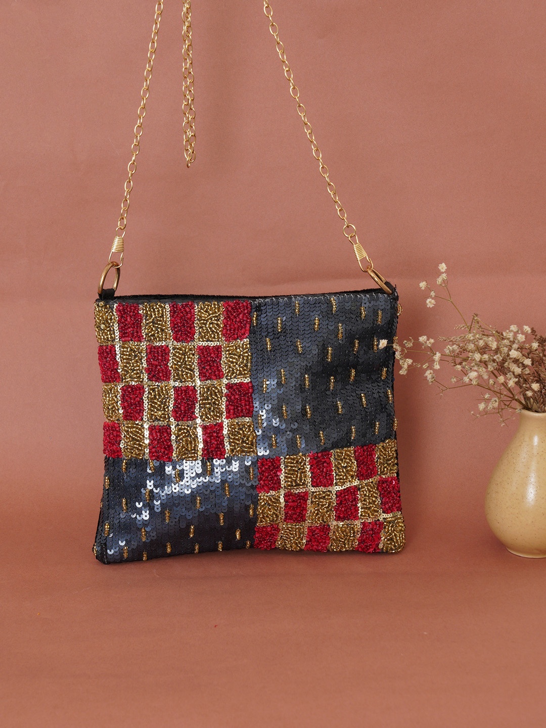 

FABBHUE Red Checked Structured Sling Bag