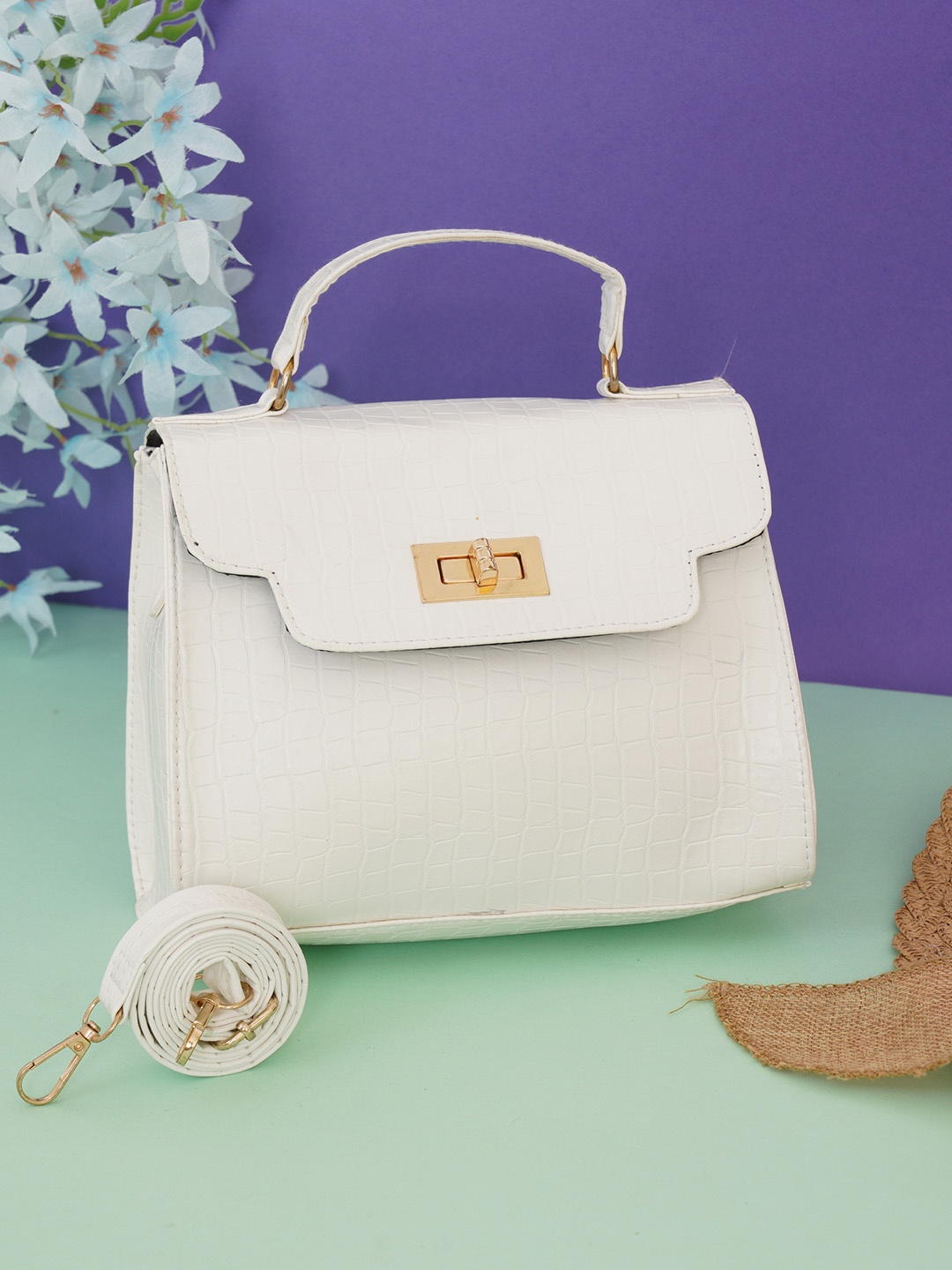 

FABBHUE White PU Structured Satchel with Quilted