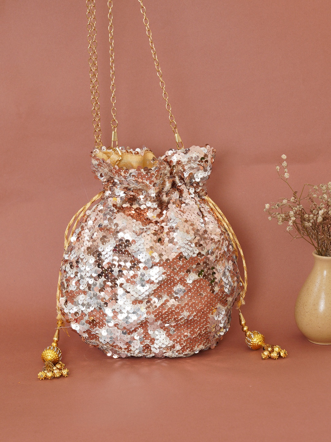 

FABBHUE Gold-Toned & Pink Embellished Potli Clutch