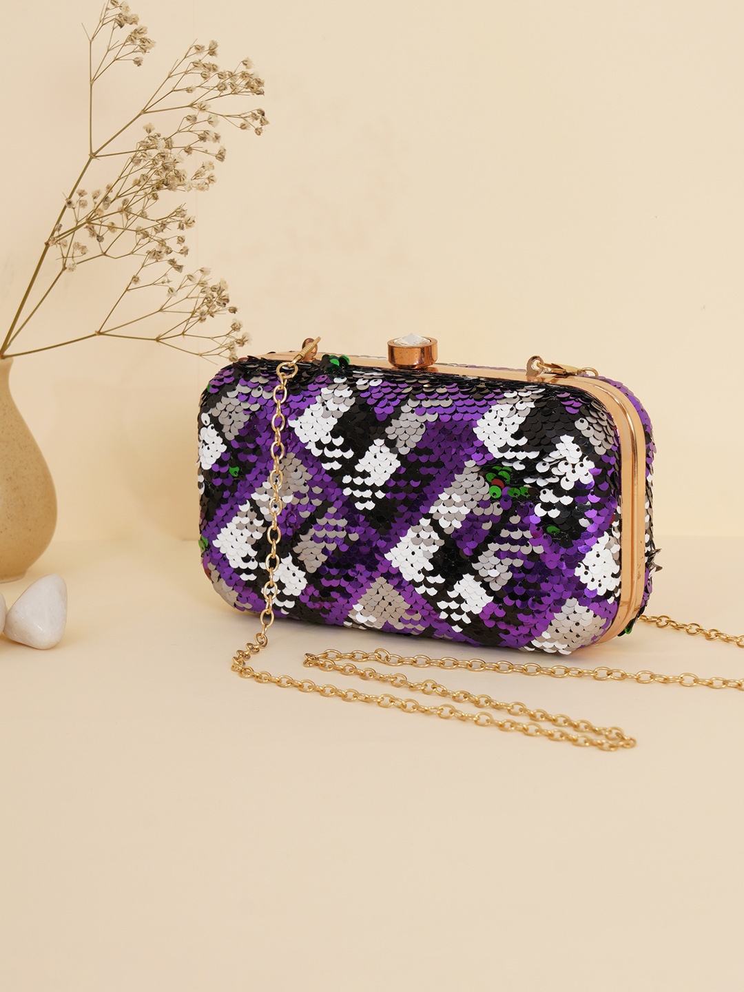 

FABBHUE Purple & Silver-Toned Embellished Box Clutch