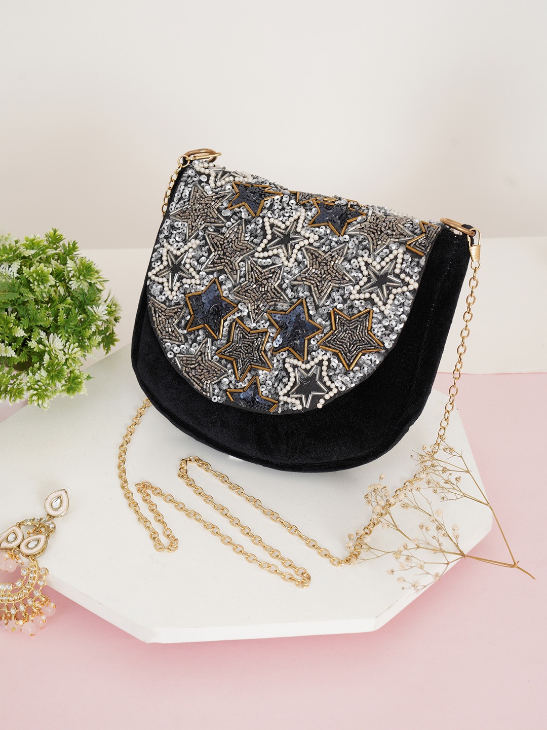 

FABBHUE Black Floral Structured Sling Bag