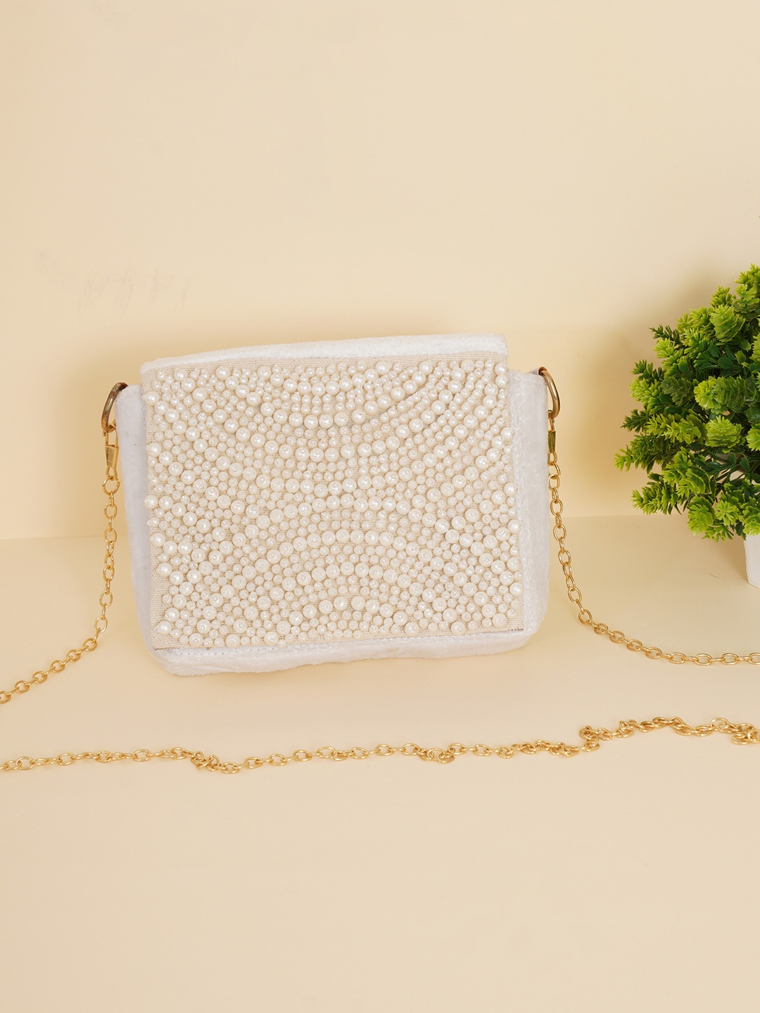 

FABBHUE White Embellished Box Clutch