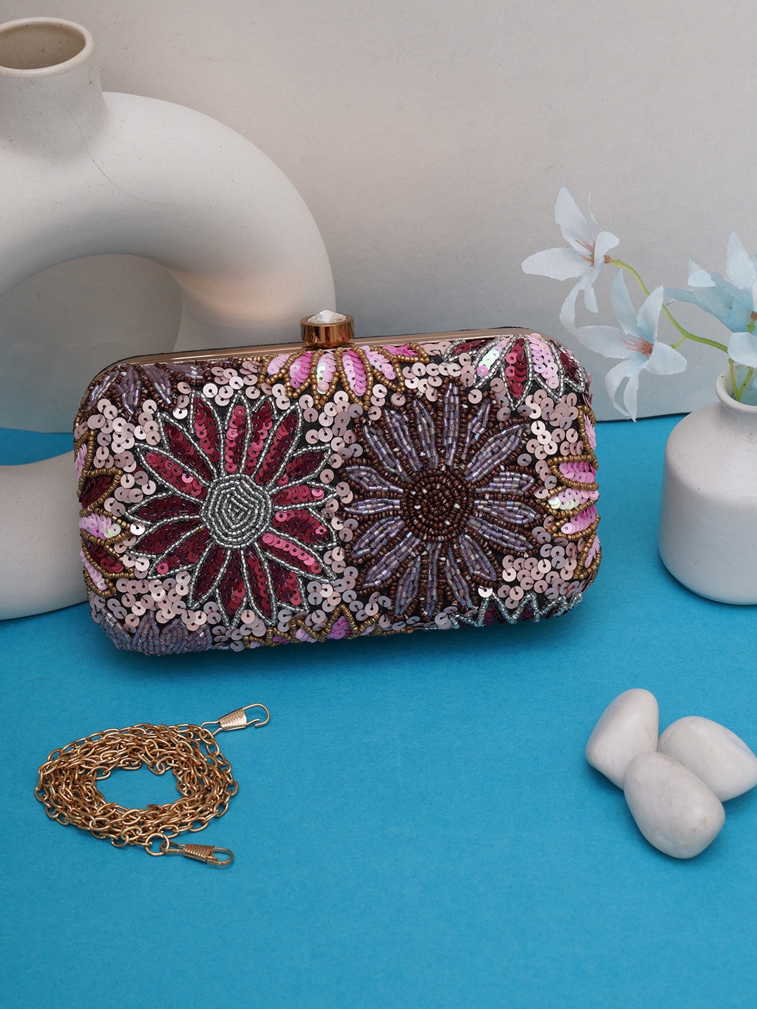 

FABBHUE Pink & Red Embellished Box Clutch