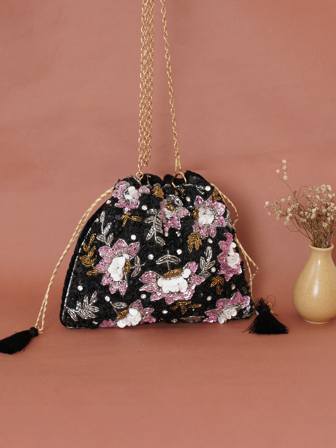 

FABBHUE Black & Pink Embellished Potli Clutch