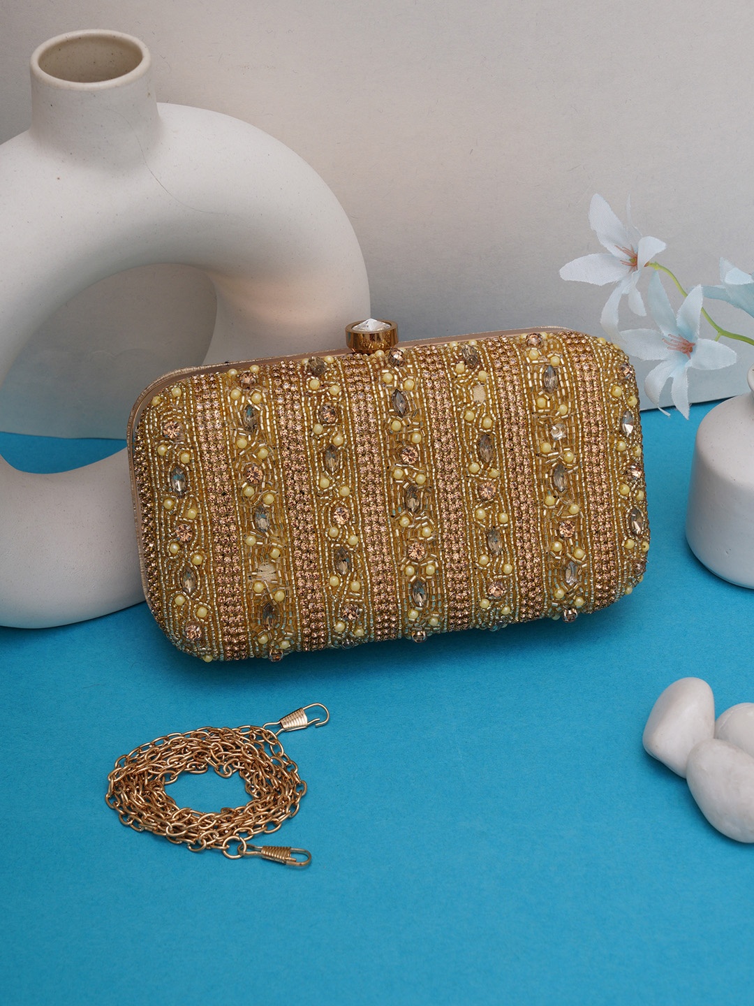 

FABBHUE Gold-Toned Embellished Box Clutch