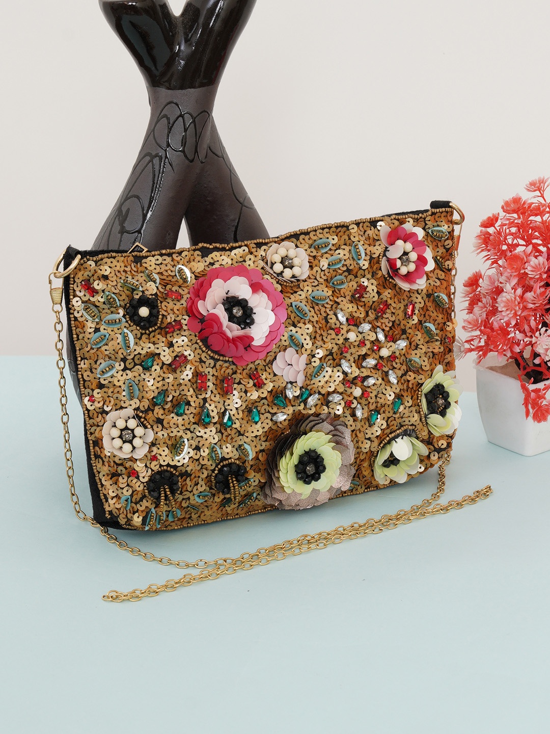 

FABBHUE Women Gold-Toned Floral Embellished Structured Sling Bag