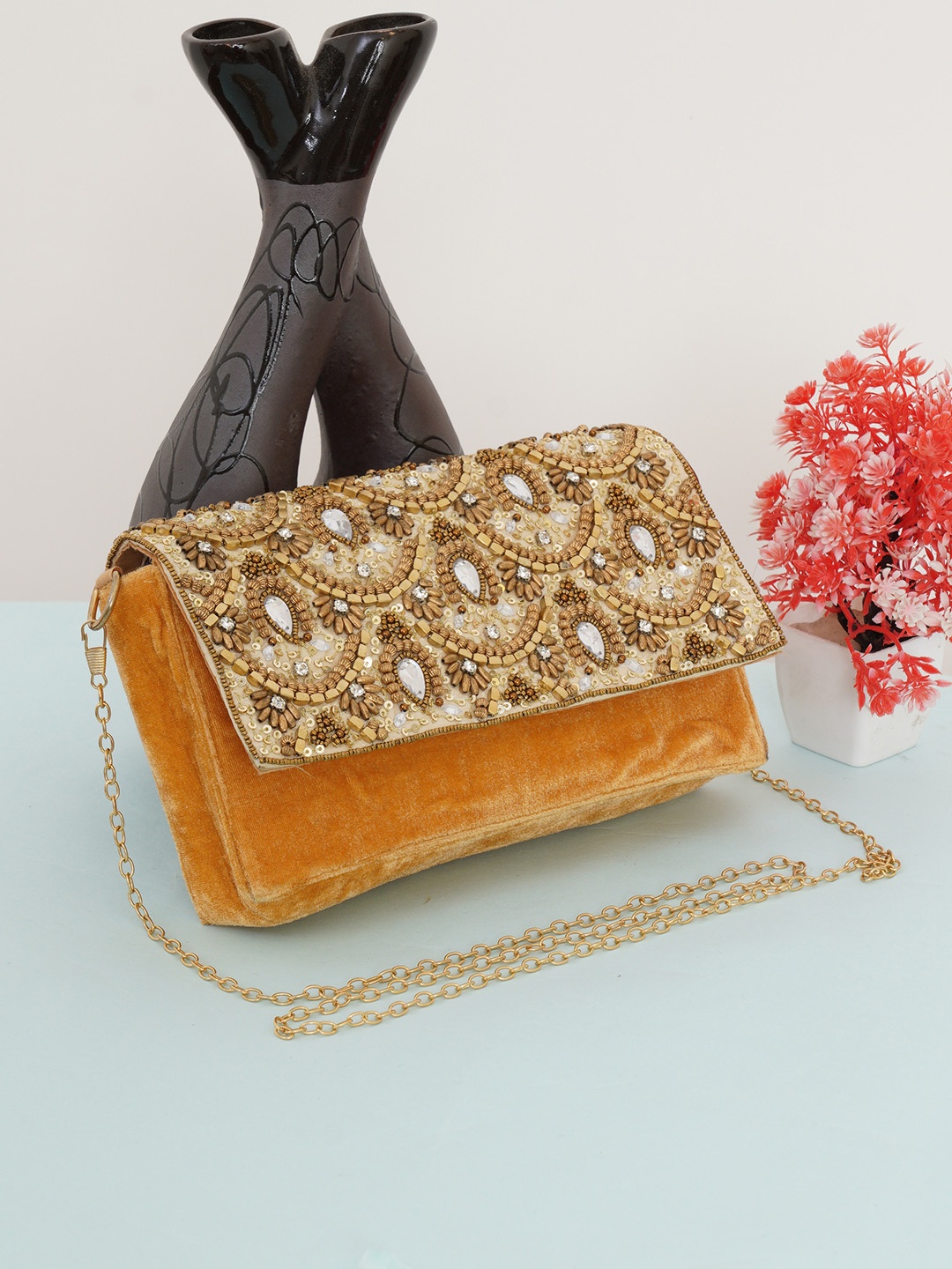 

FABBHUE White & Gold-Toned Embroidered Box Clutch