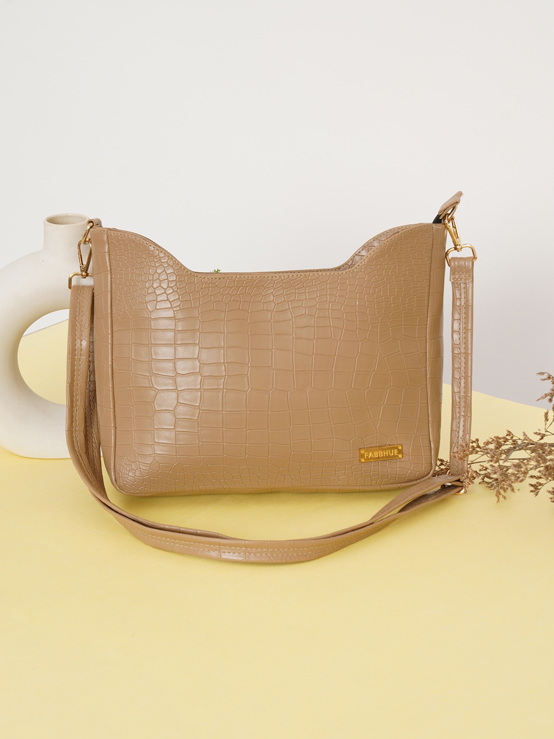 

FABBHUE Beige Textured PU Structured Sling Bag