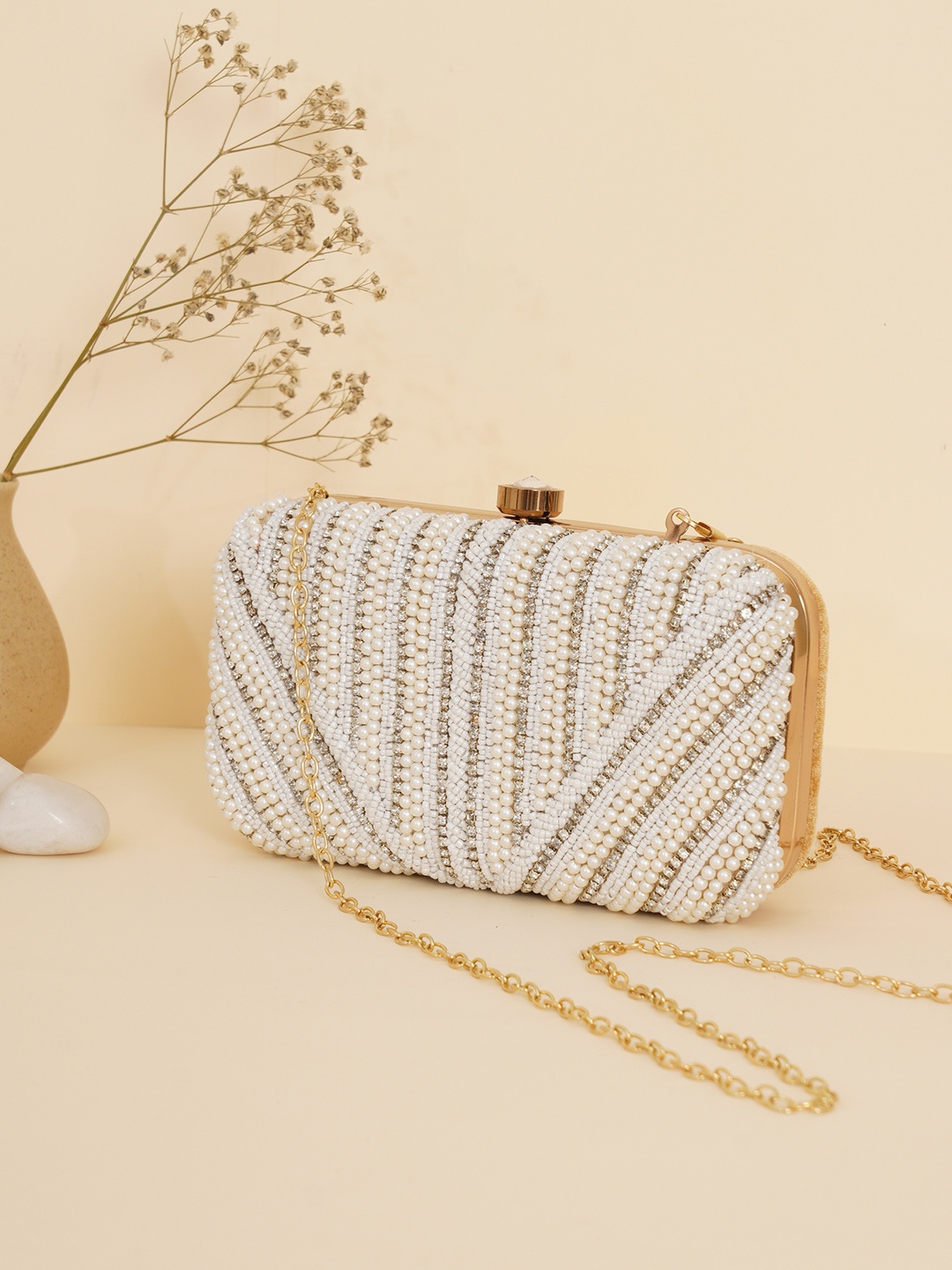 

FABBHUE White Embellished Box Clutch