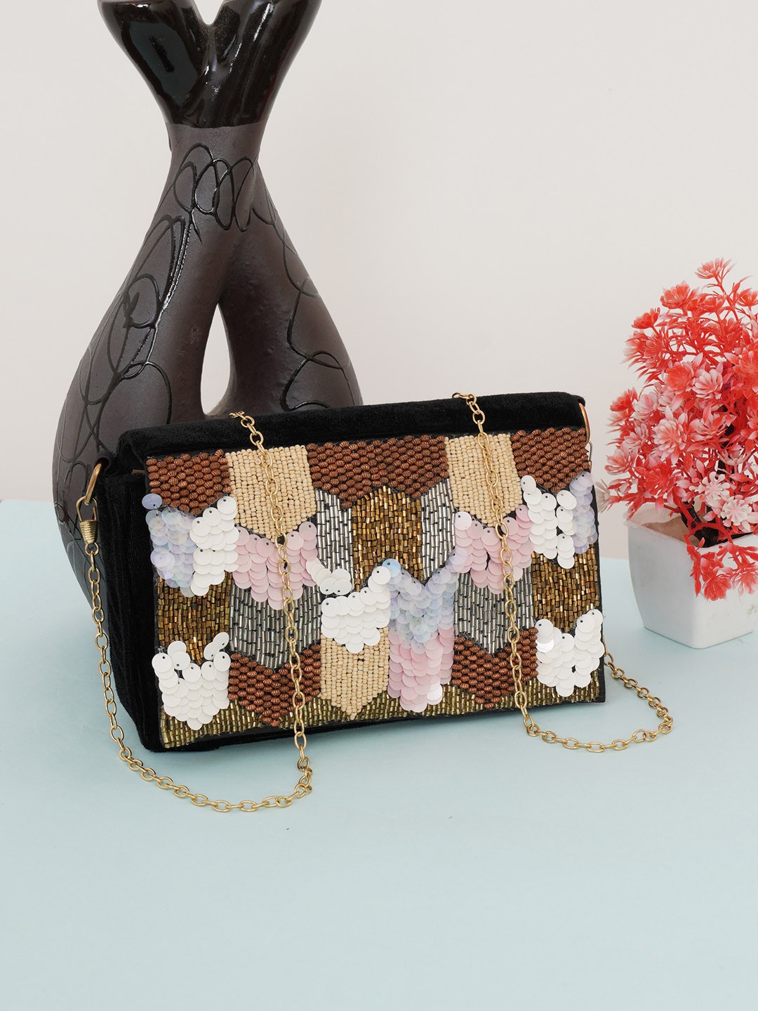 

FABBHUE Brown & Cream-Coloured Embellished Box Clutch