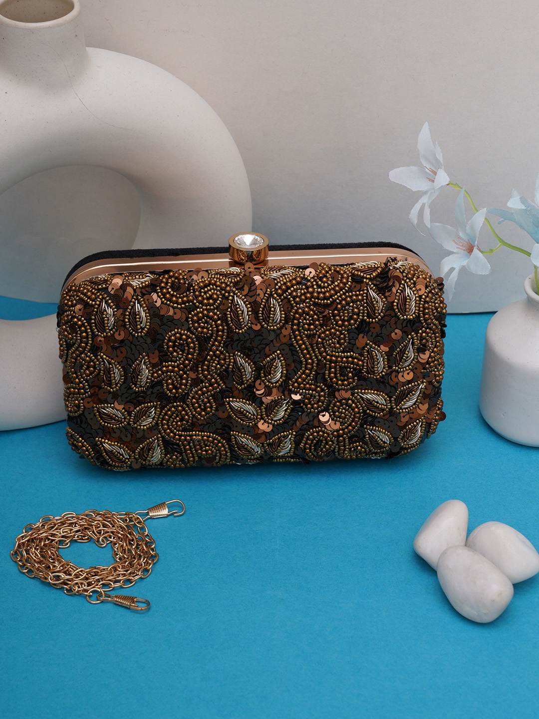 

FABBHUE Gold-Toned Embellished Box Clutch