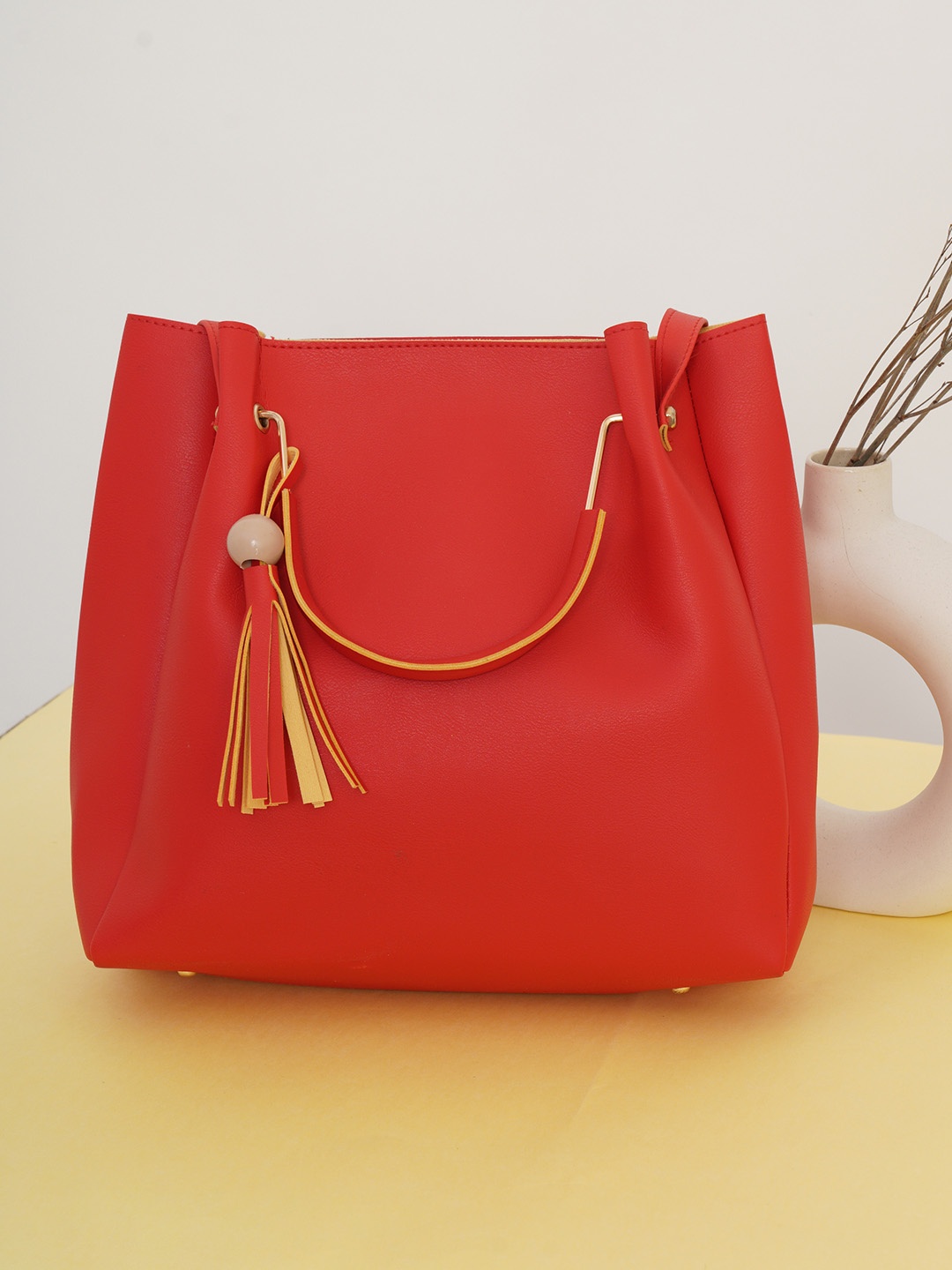 

FABBHUE Red PU Shopper Handheld Bag with Tasselled
