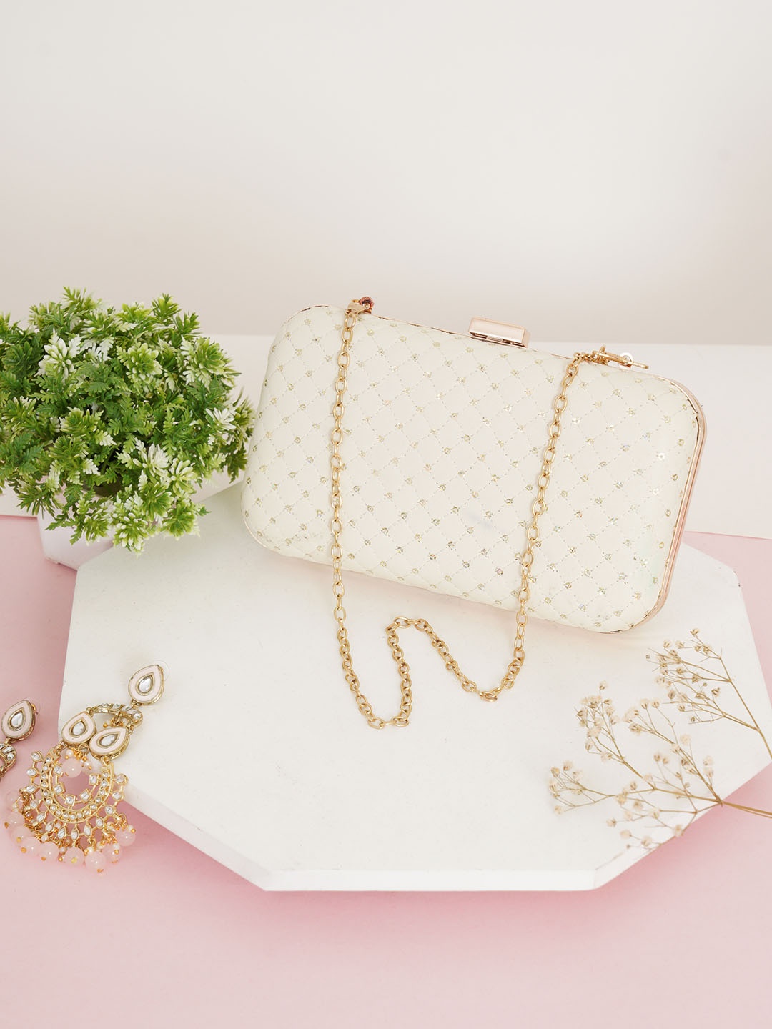 

FABBHUE White & Gold-Toned Embroidered Box Clutch